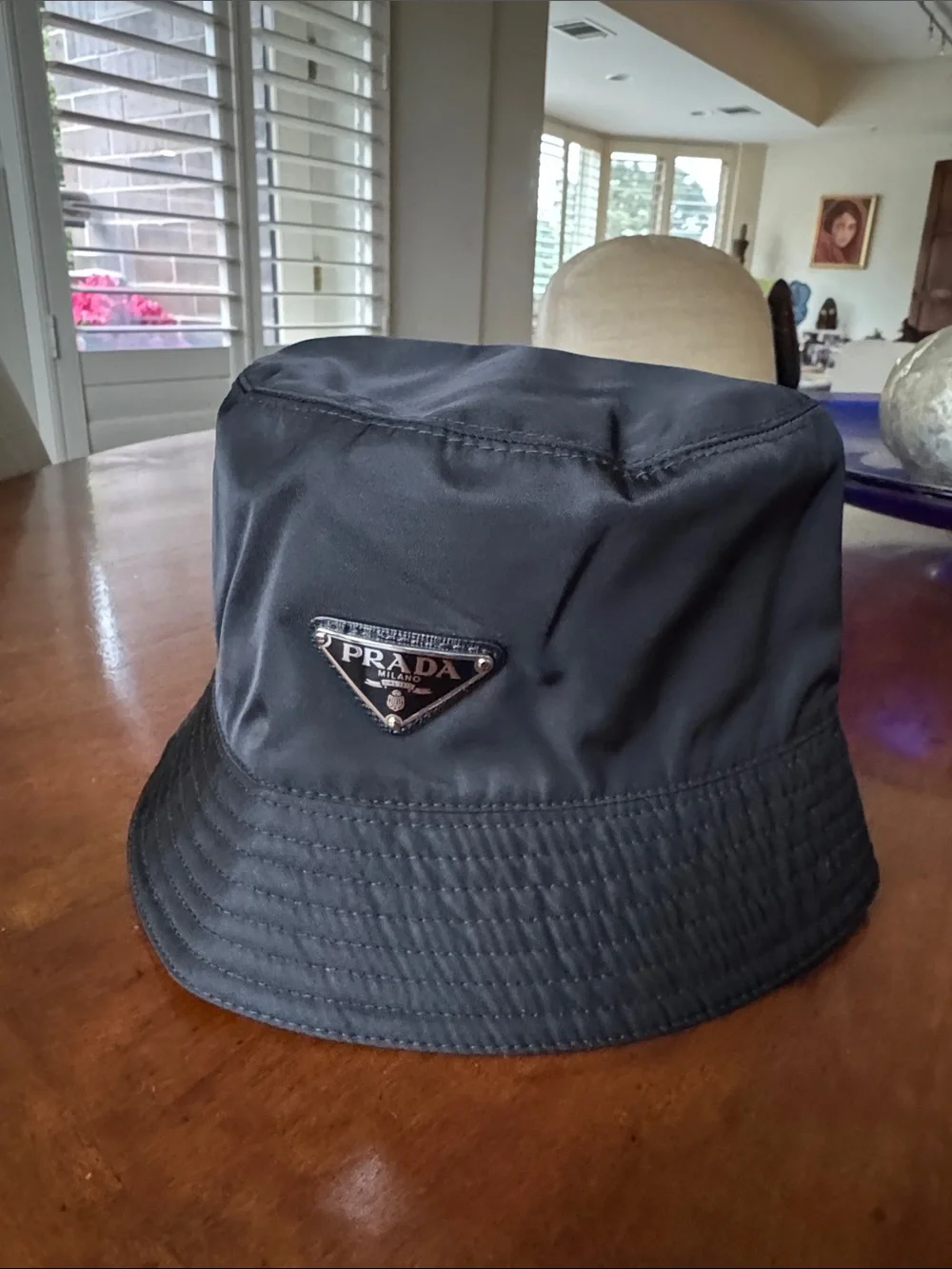 Prada Black Nylon Bucket Hat with Triangular Logo Plaque